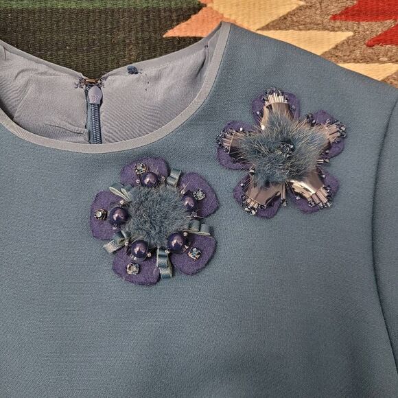 Fendi Blue Trumpet Bell Sleeve Floral Appliqué Sheath Dress Sz 40 US S Wool Silk - Picture 5 of 16